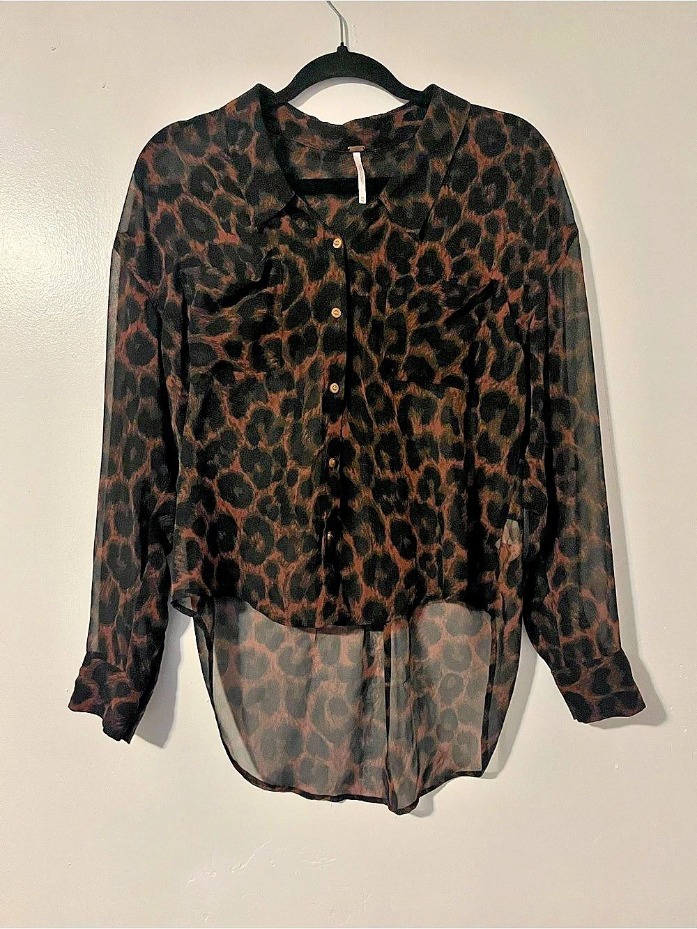 Free People Easy Rider Sheer Button Down Leopard Print Blouse
